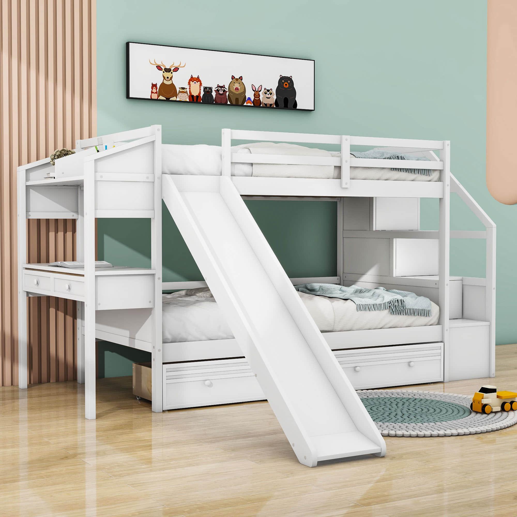 Low Twin Over Twin Bunk Bed with Desk and Stairs, Slide, Storage