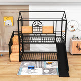 Kids Low Twin Over Twin House Metal Bunk Beds with Stairs and Slide