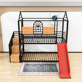 Kids Low Twin Over Twin House Metal Bunk Beds with Stairs and Slide