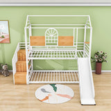 Kids Low Twin Over Twin House Metal Bunk Beds with Stairs and Slide