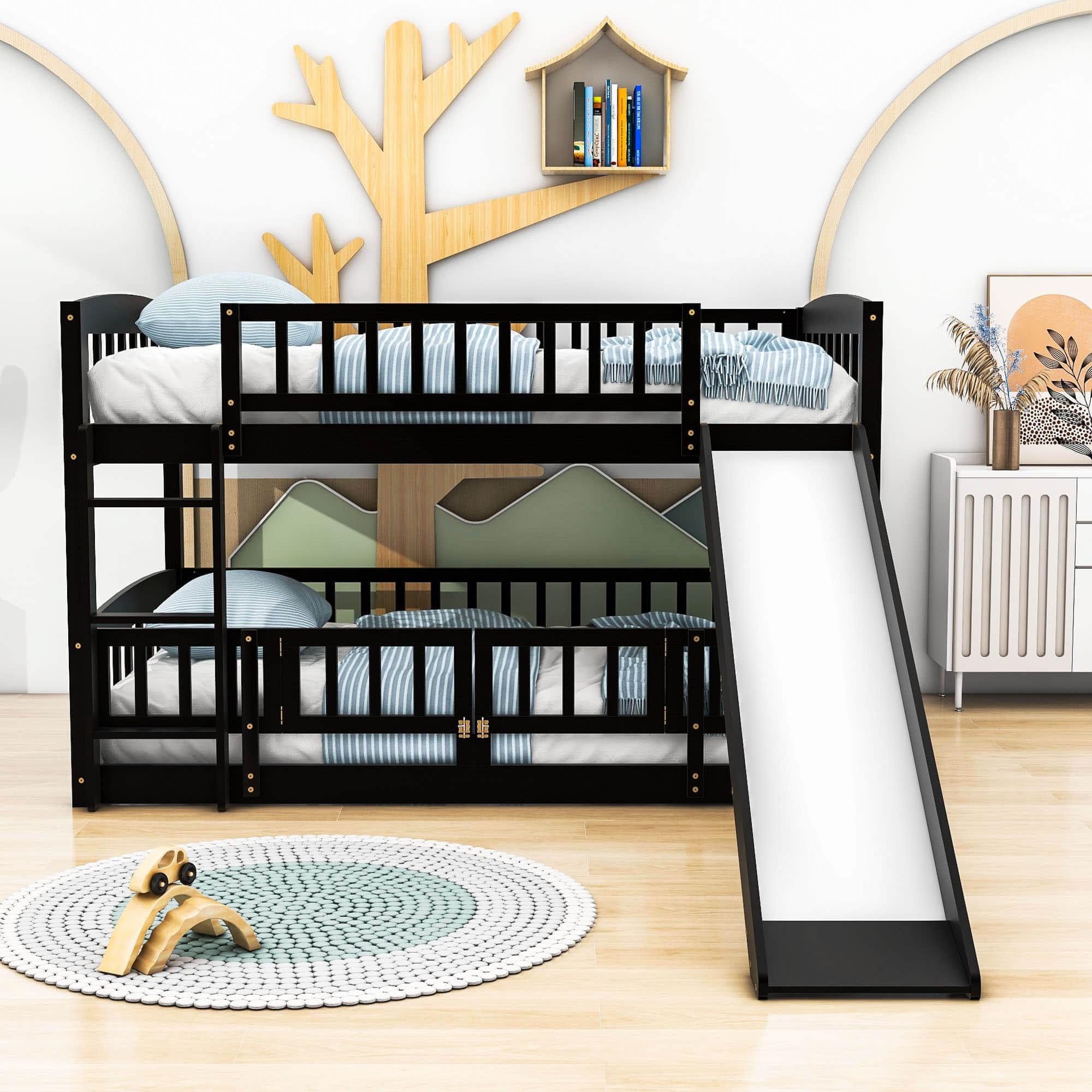 Full Over Full Low Bunk Beds with Slide and Fence - [Interchangeable Ladder, Floor]