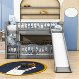 Full Over Full Low Bunk Beds with Slide and Fence - [Interchangeable Ladder, Floor]