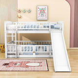 Full Over Full Low Bunk Beds with Slide and Fence - [Interchangeable Ladder, Floor]