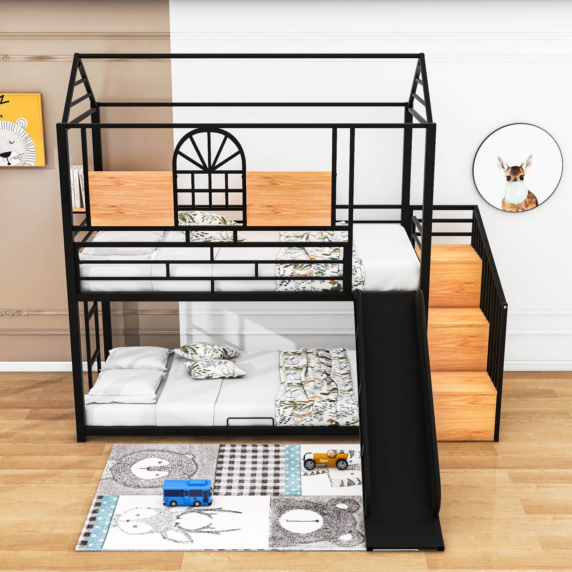 Kids Low Twin Over Twin House Metal Bunk Beds with Stairs and Slide