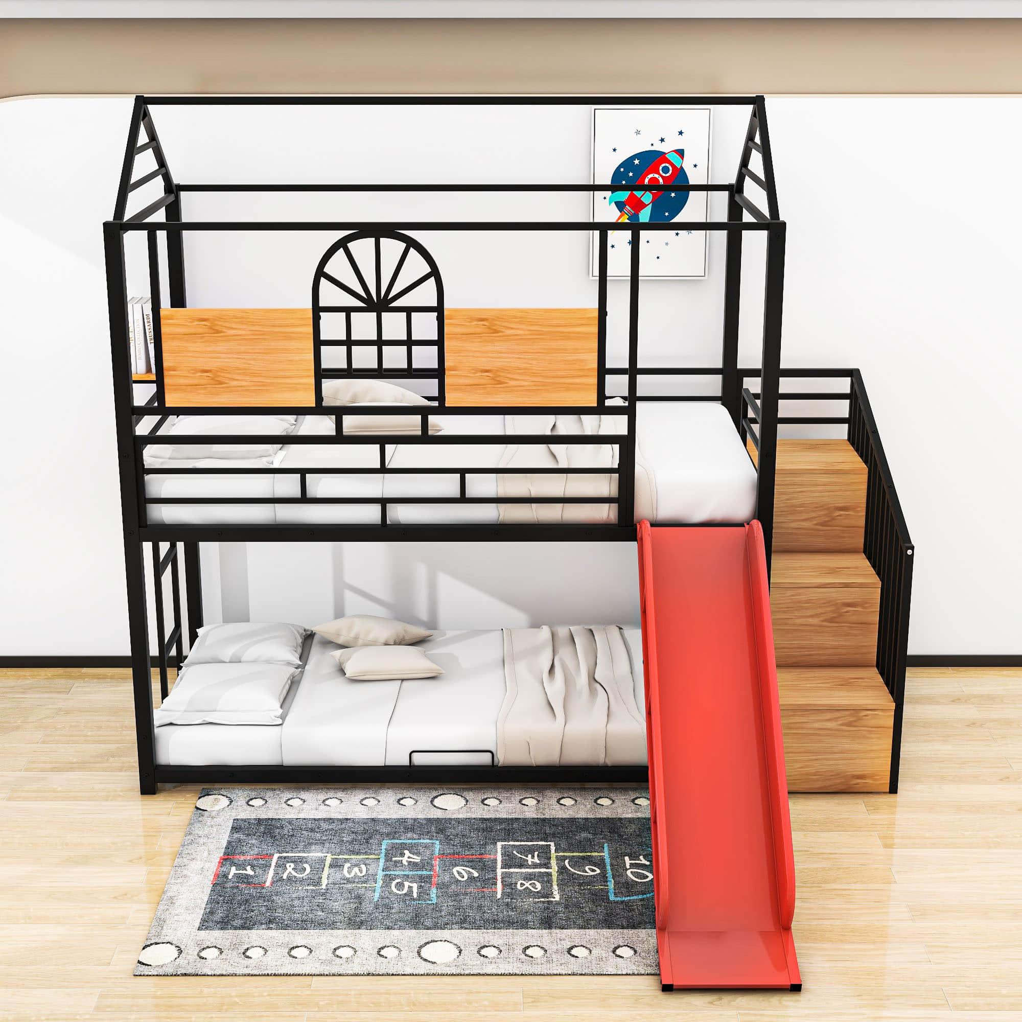 Kids Low Twin Over Twin House Metal Bunk Beds with Stairs and Slide