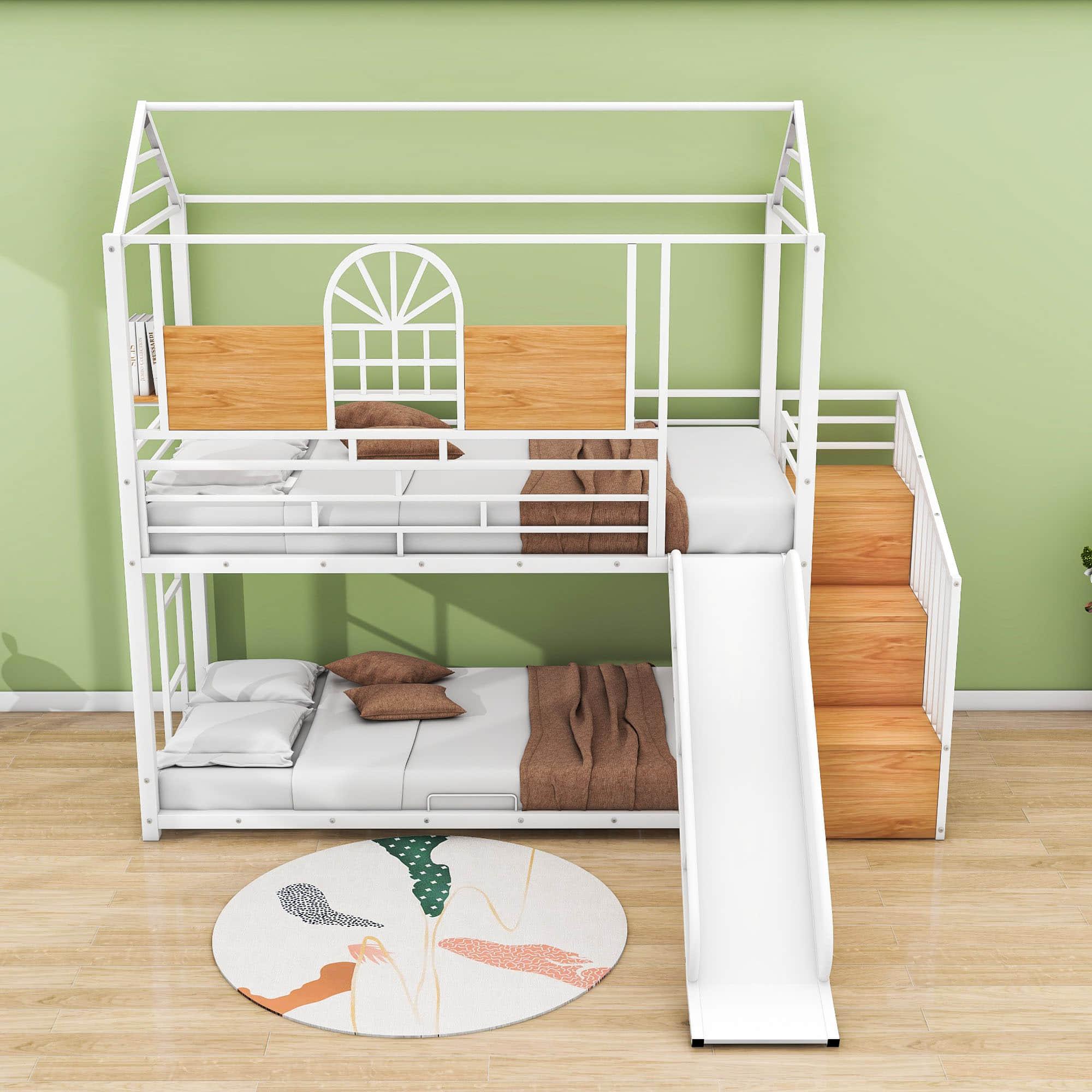 Kids Low Twin Over Twin House Metal Bunk Beds with Stairs and Slide