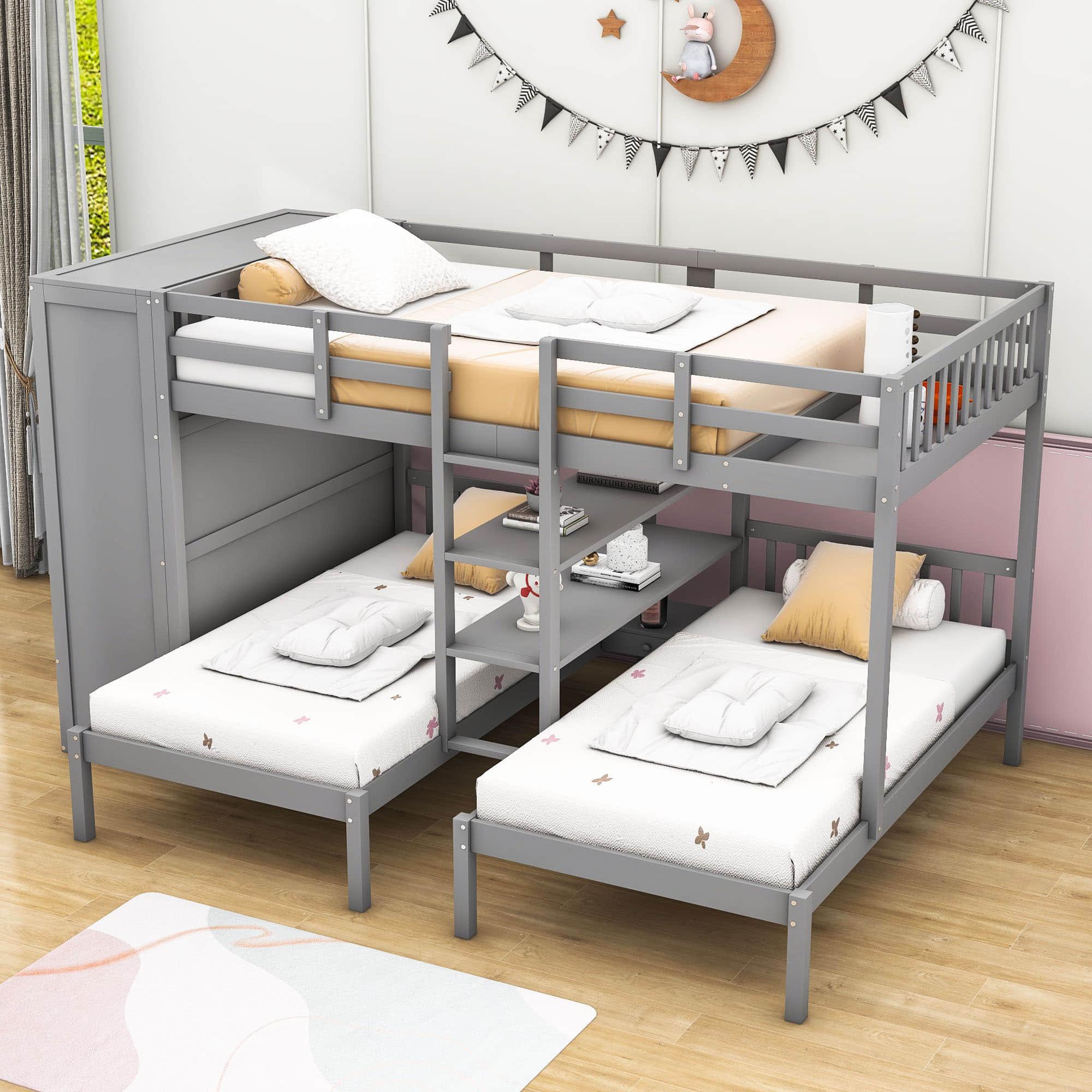 Low Full Over Twin&Twin Triple Bunk Bed with Storage for Kids - [Wardrobe]