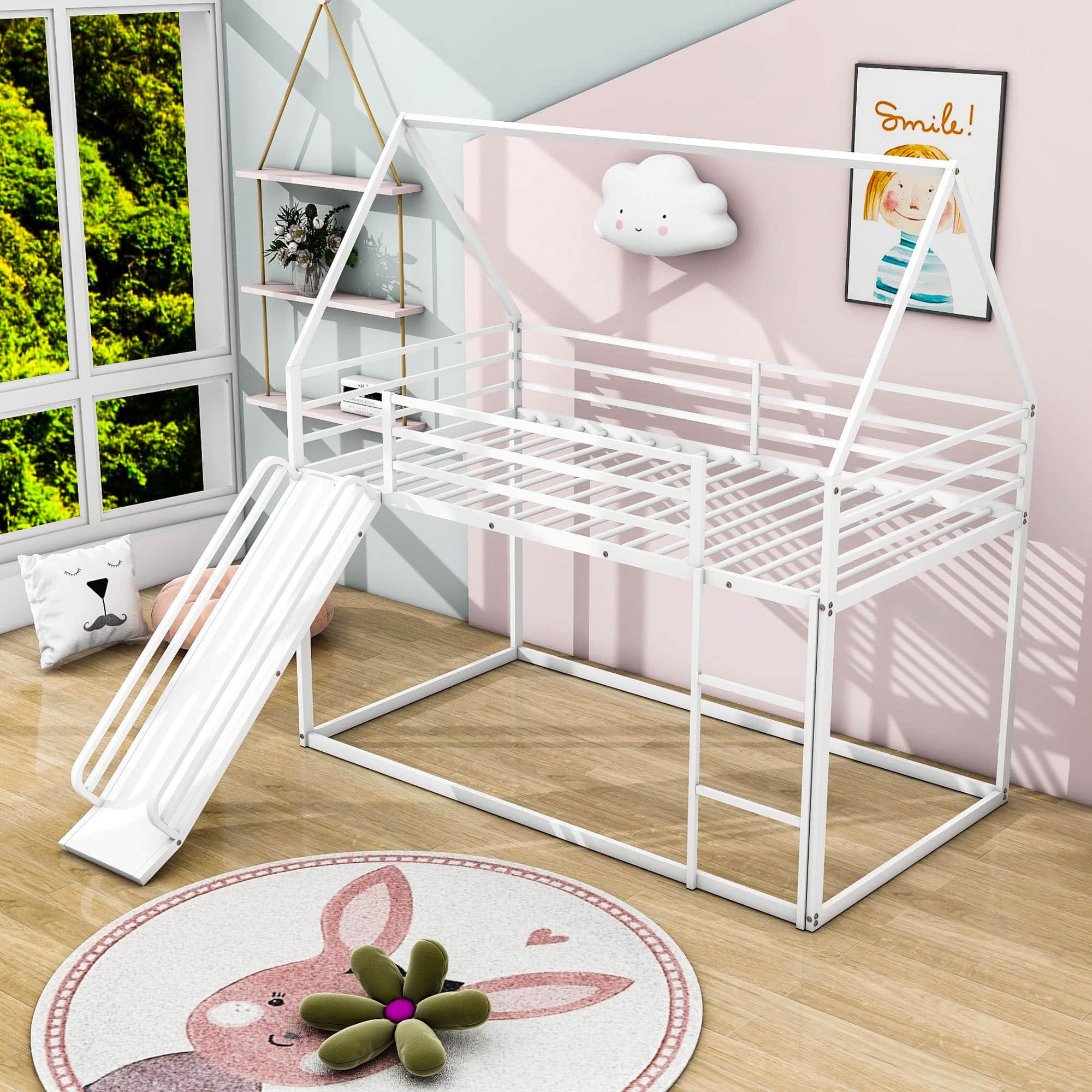 Low Twin Over Twin House Loft Bunk Beds with Slide for Kids, Toddler