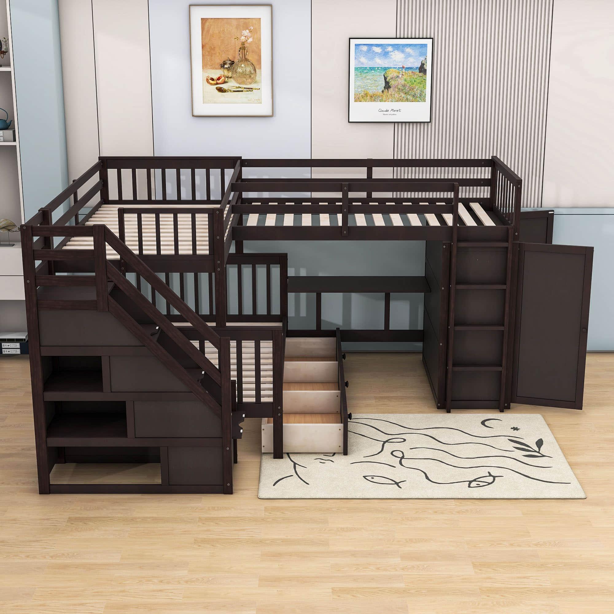 Twin Over Full Loft Triple Bunk Beds with Desk and Storage Stairs - [Drawers, Wardrobe]