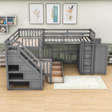 Twin Over Full Loft Triple Bunk Beds with Desk and Storage Stairs - [Drawers, Wardrobe]