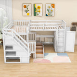 Twin Over Full Loft Triple Bunk Beds with Desk and Storage Stairs - [Drawers, Wardrobe]