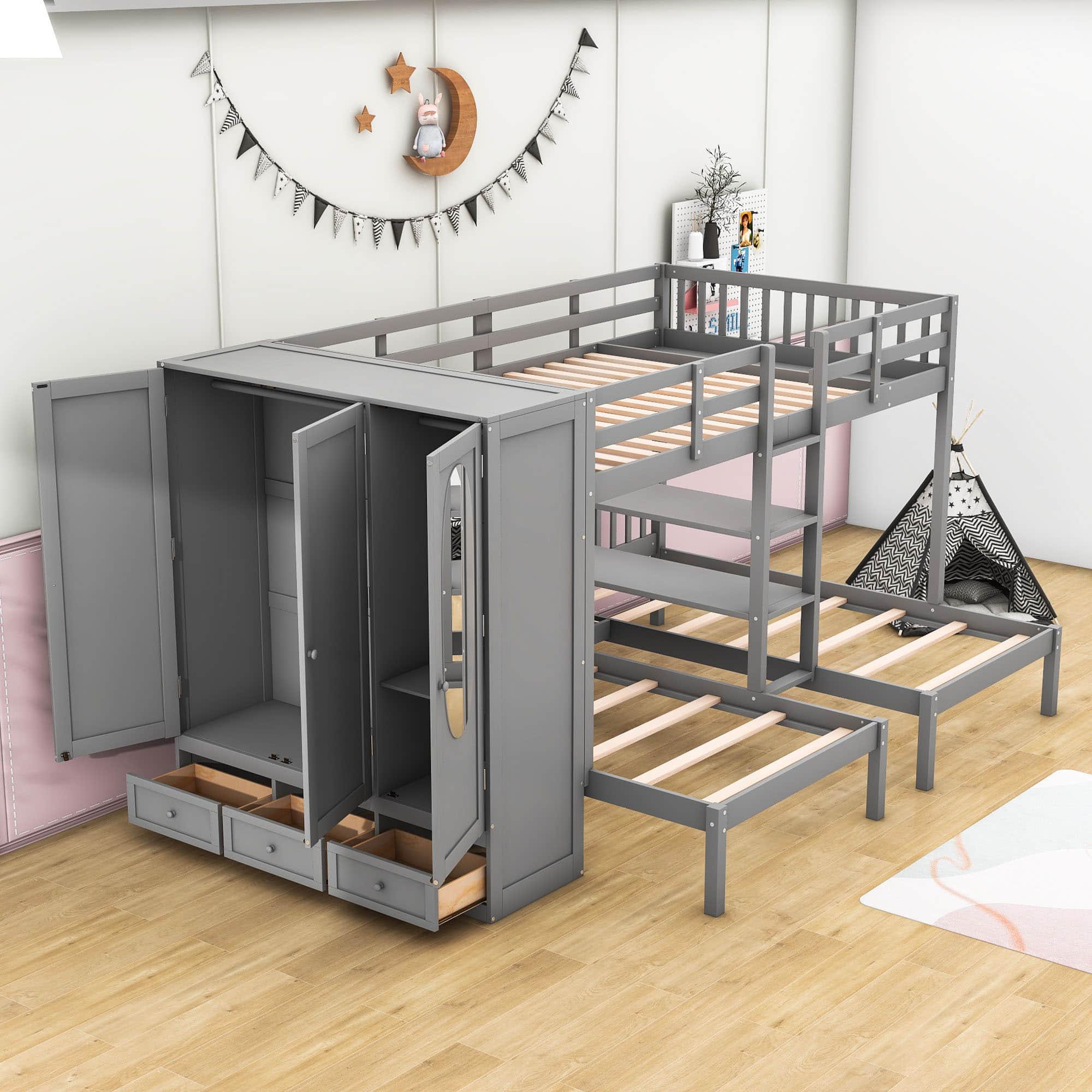 Low Full Over Twin&Twin Triple Bunk Bed with Storage for Kids - [Wardrobe]