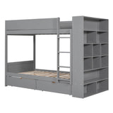 Wooden Twin Over Twin Bunk Beds with Storage Drawers, Shelves