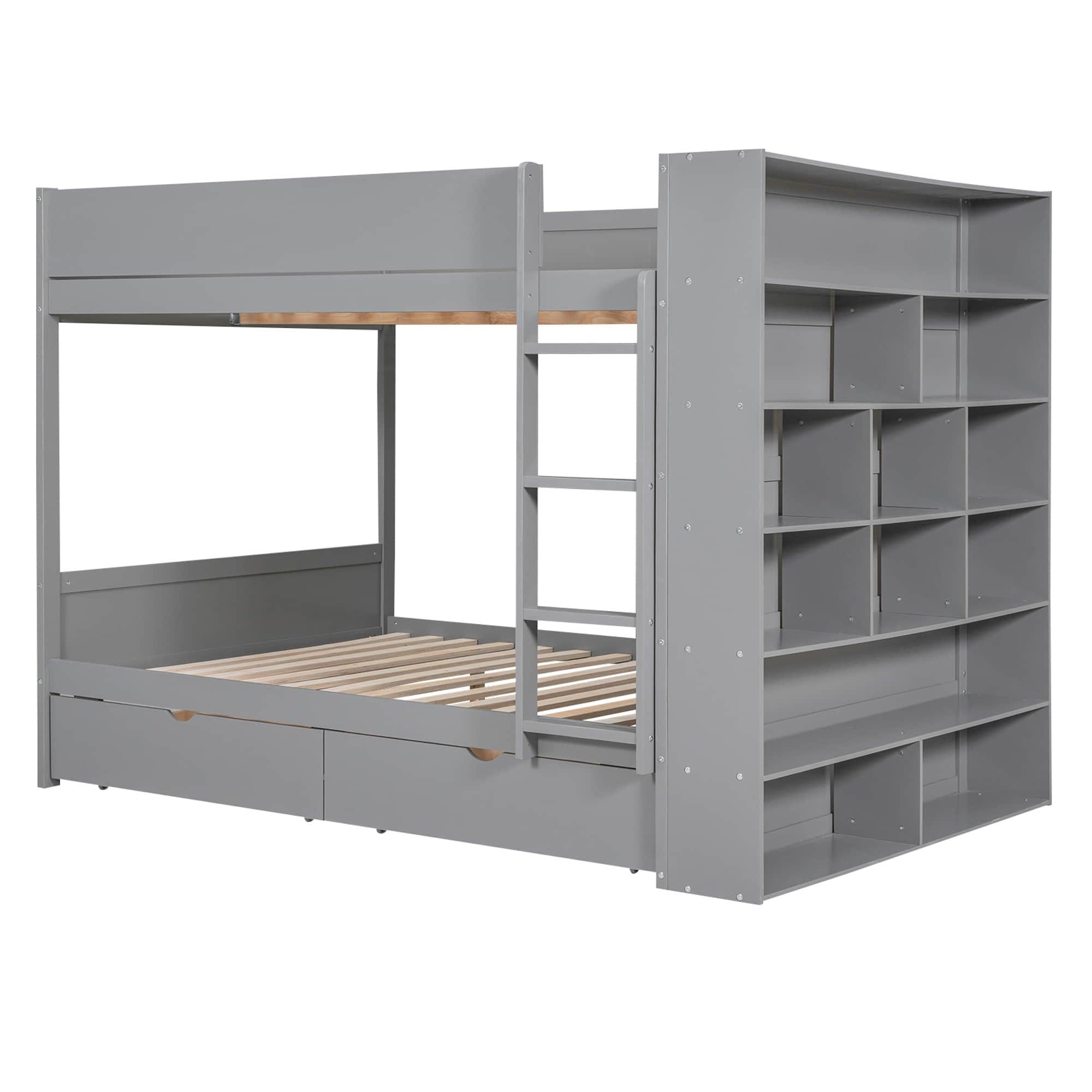 Wooden Full Over Full Bunk Beds with Storage Drawers, Shelves