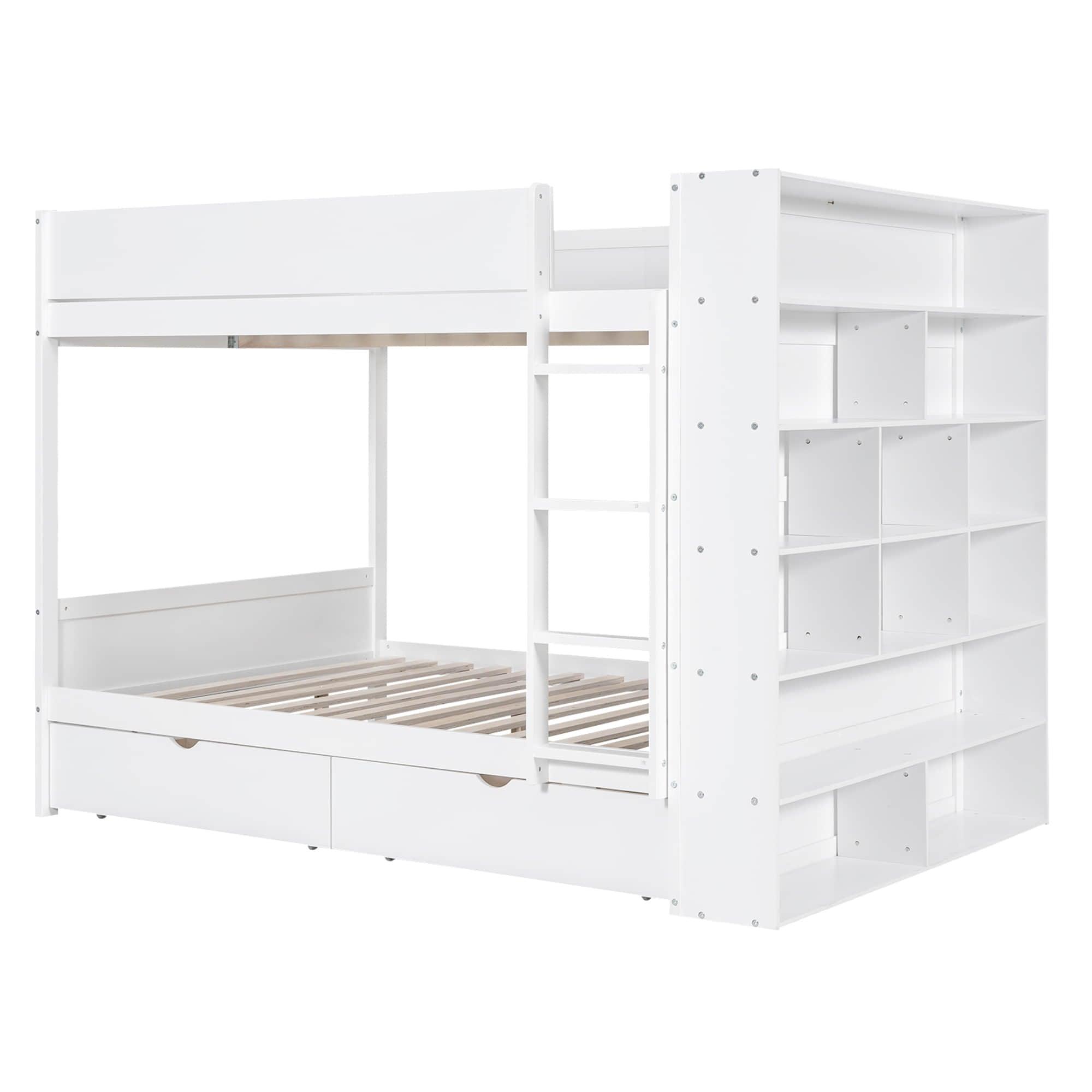 Wooden Full Over Full Bunk Beds with Storage Drawers, Shelves