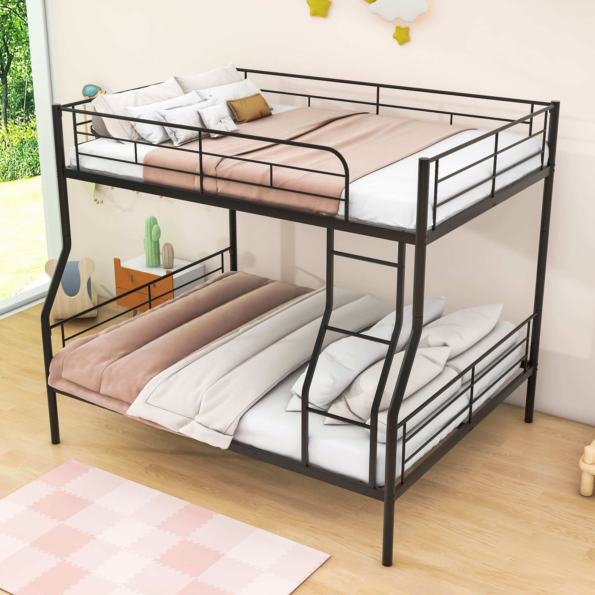 Full XL Over Queen Convertible Metal Bunk Beds for Adults, Kids