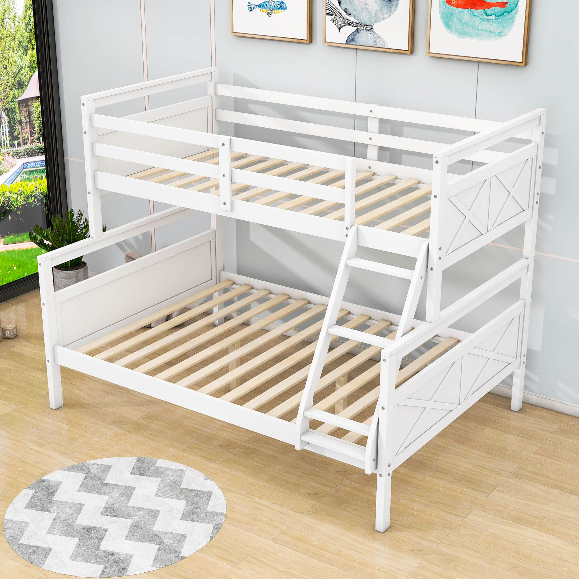 Wooden Twin Over Full Convertible Bunk Bed for Kids, Adults