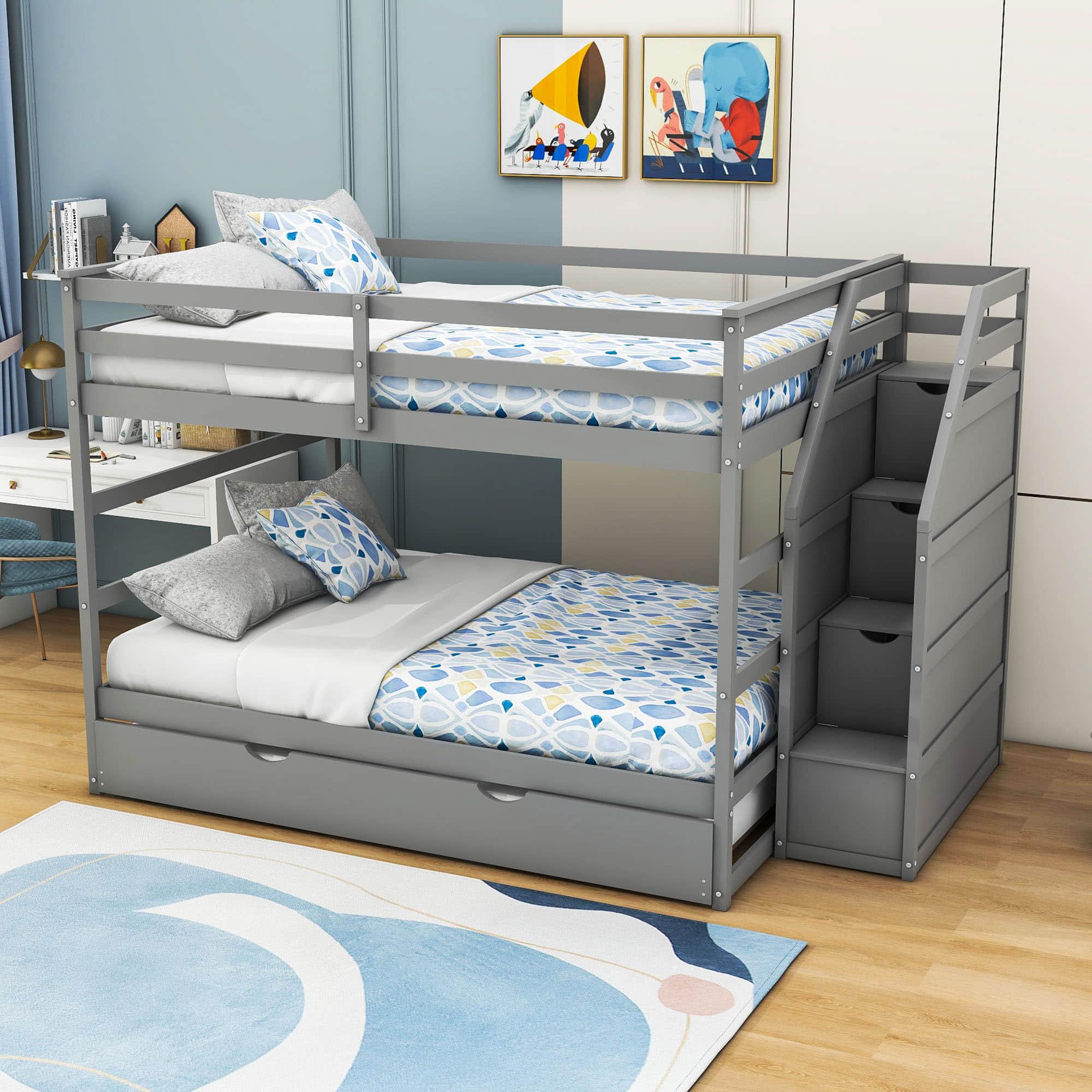 Full Over Full Bunk Beds with Stairs and Storage, Trundle - [Wood, Cabinets]