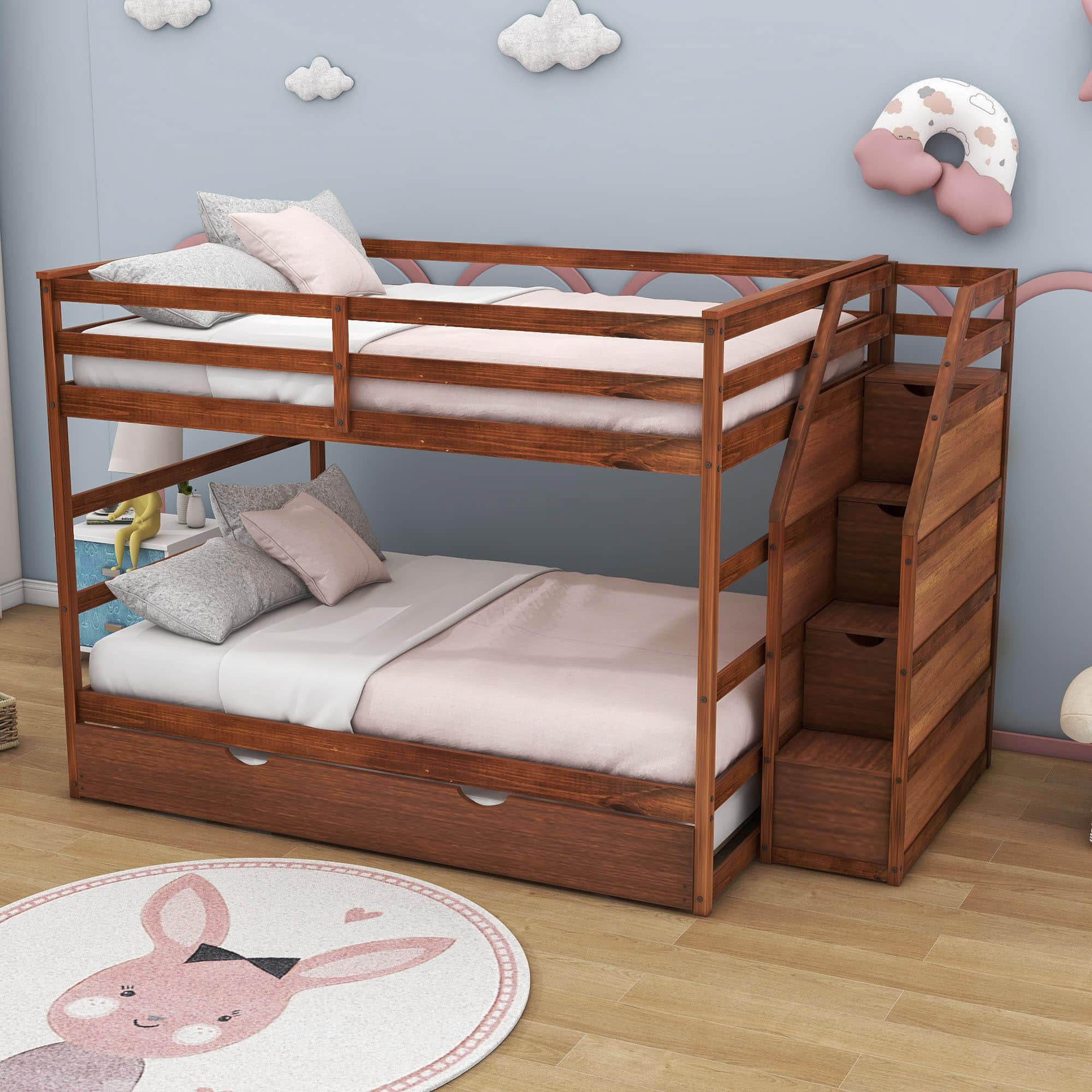 Full Over Full Bunk Beds with Stairs and Storage, Trundle - [Wood, Cabinets]