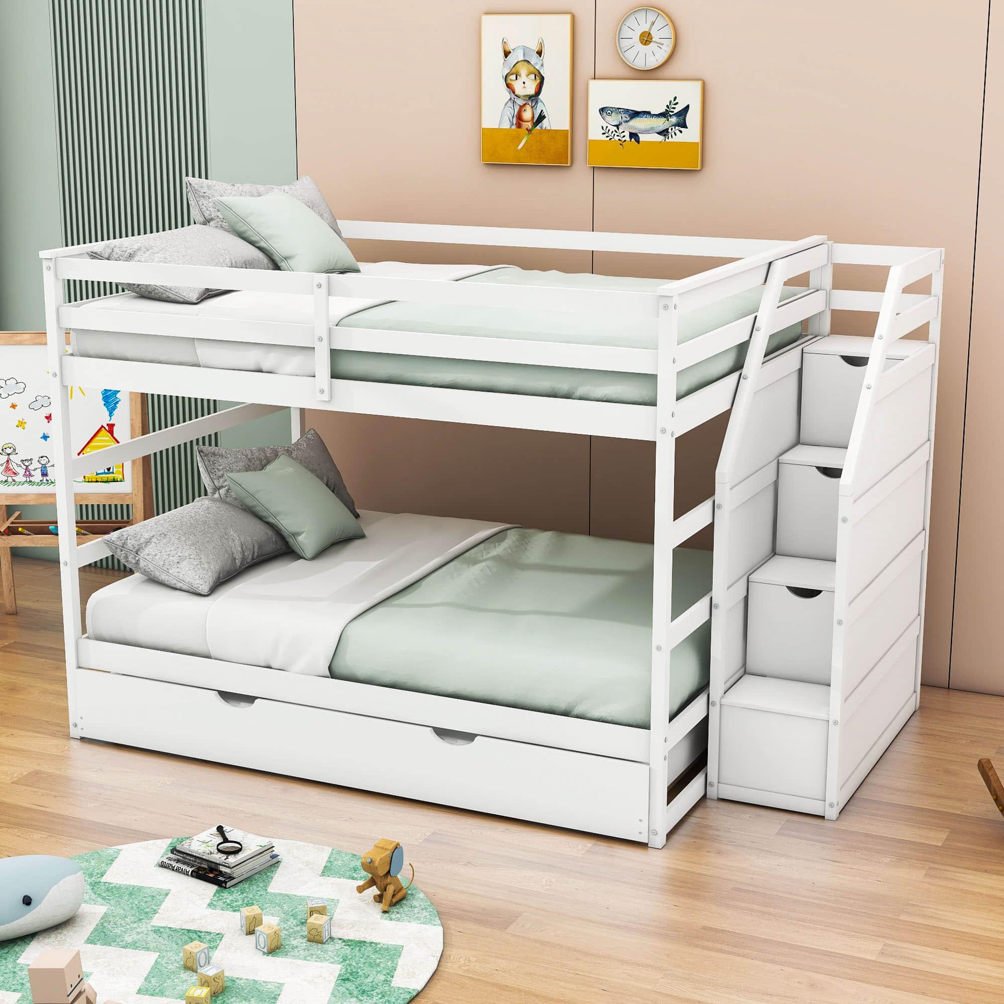 Full Over Full Bunk Beds with Stairs and Storage, Trundle - [Wood, Cabinets]