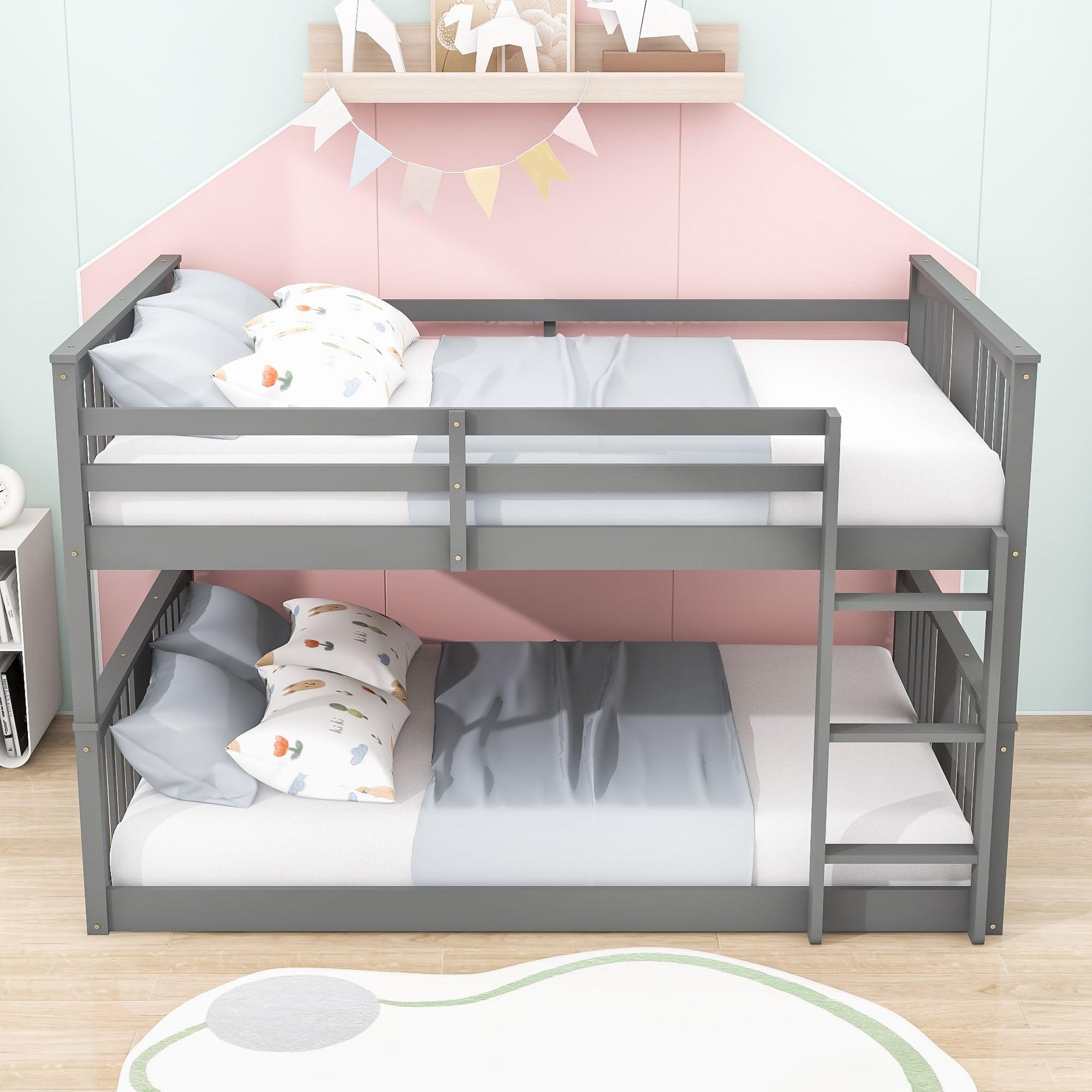 Wood Montessori Scandinavian Full Over Full Low Bunk Bed [Ladder, Guardrail]