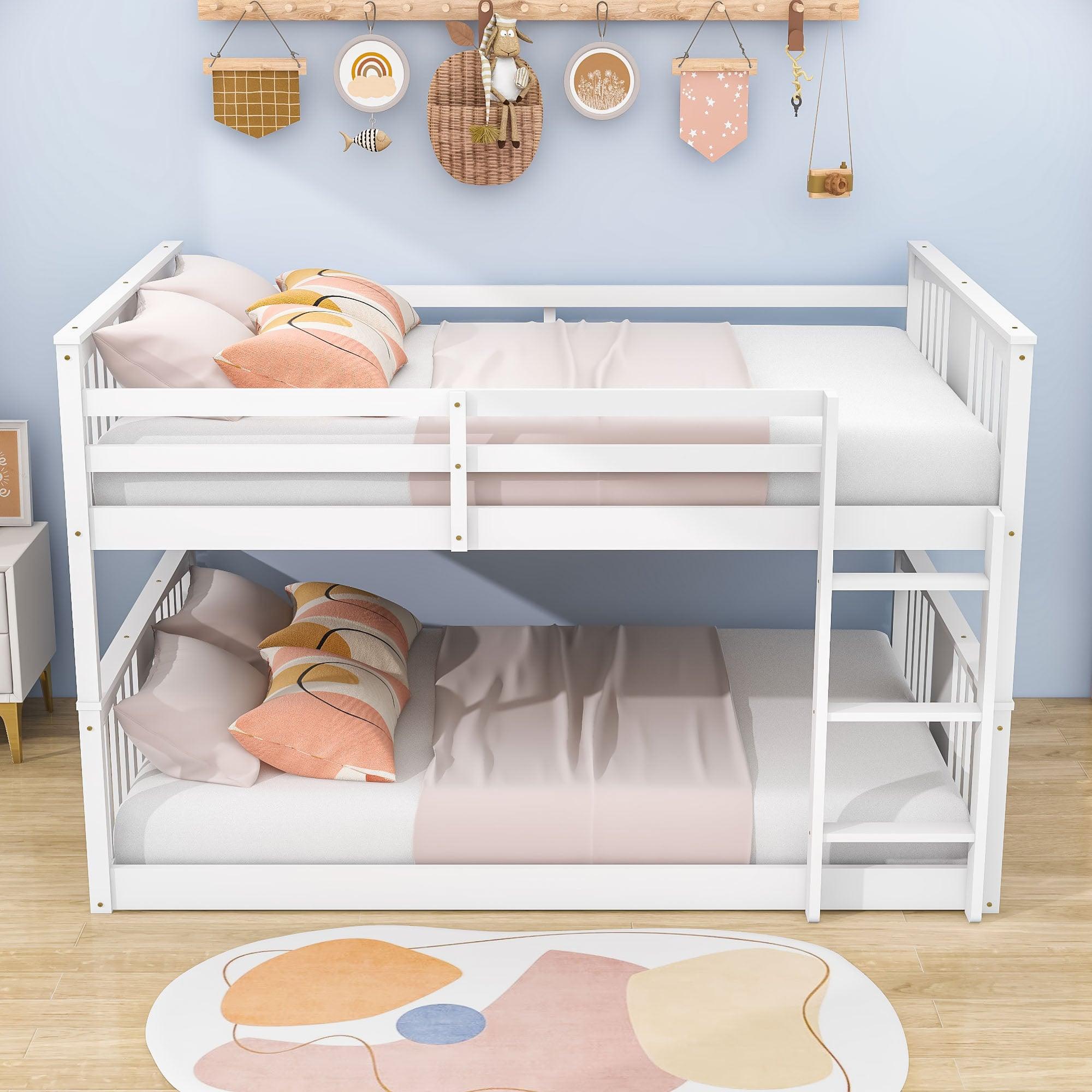 Wood Montessori Scandinavian Full Over Full Low Bunk Bed [Ladder, Guardrail]