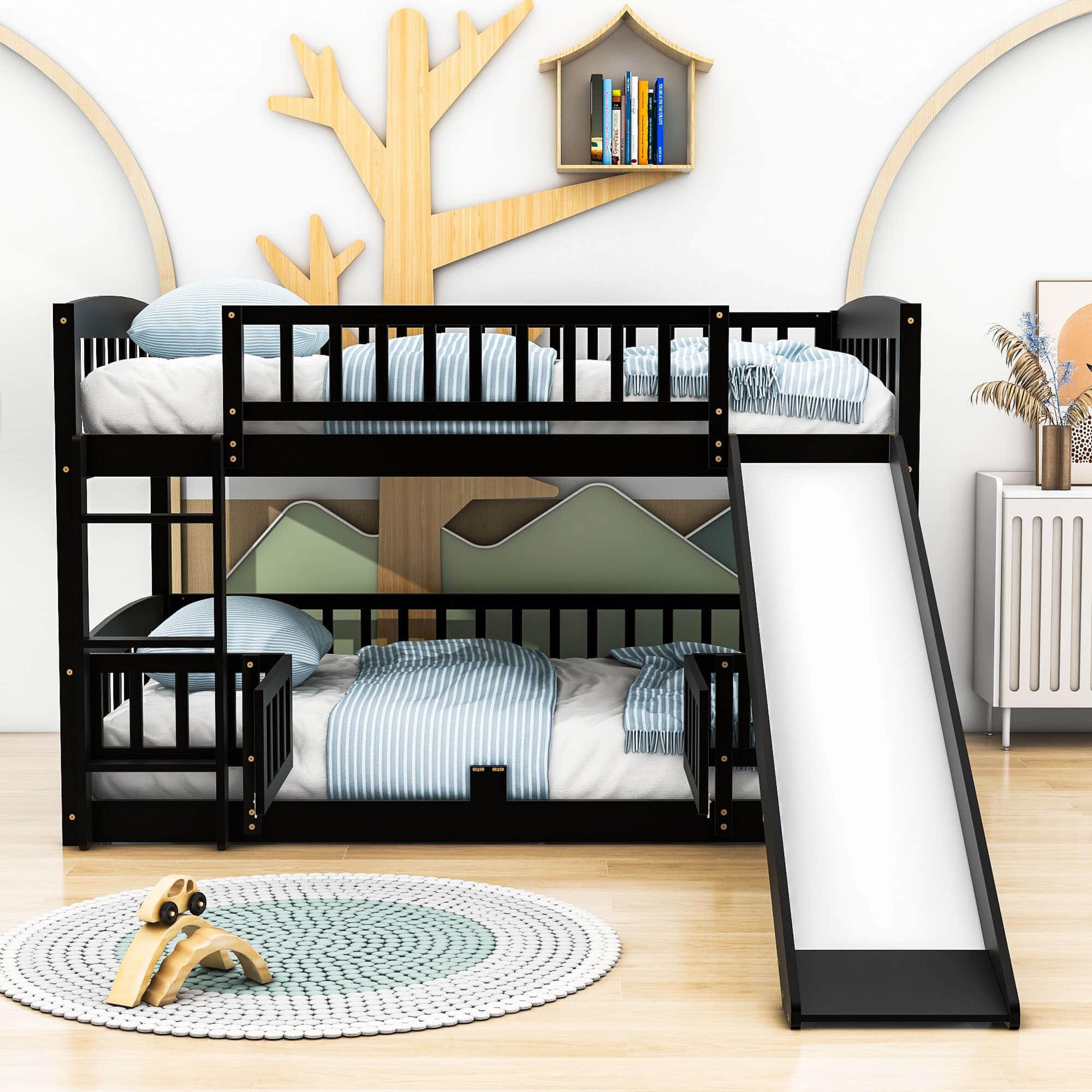 Full Over Full Low Bunk Beds with Slide and Fence - [Interchangeable Ladder, Floor]