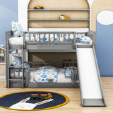 Full Over Full Low Bunk Beds with Slide and Fence - [Interchangeable Ladder, Floor]