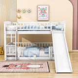 Full Over Full Low Bunk Beds with Slide and Fence - [Interchangeable Ladder, Floor]