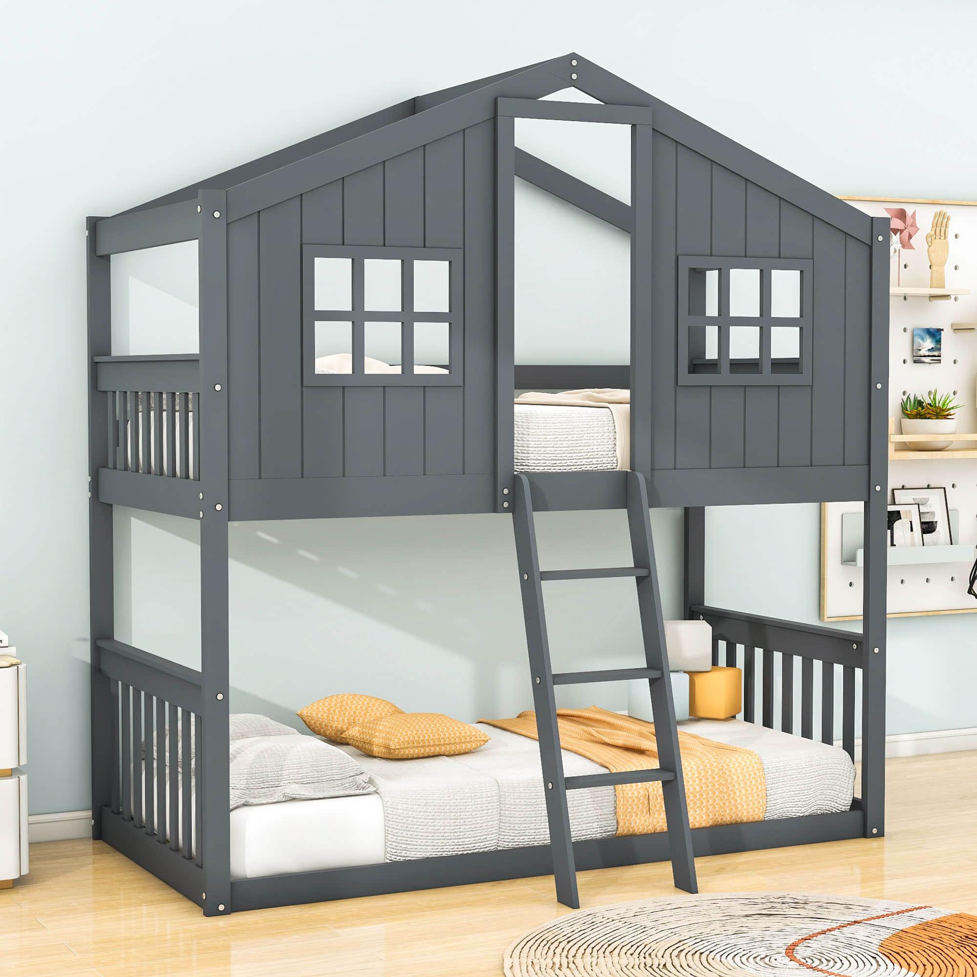 Low Twin Over Twin House Bunk Beds for Kids Toddler - [Wooden, Floor]