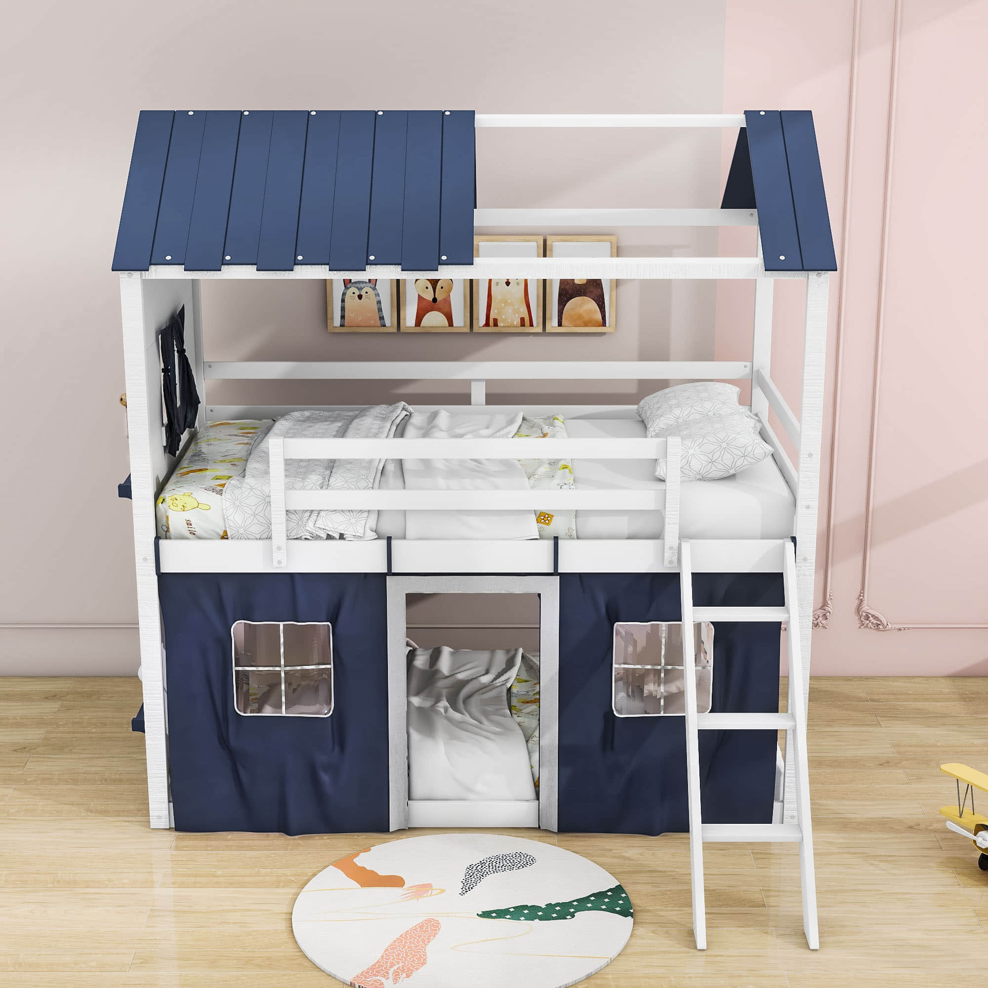 Low Twin Over Twin House Loft Bunk Beds for Kids with Curtains - [Floor]