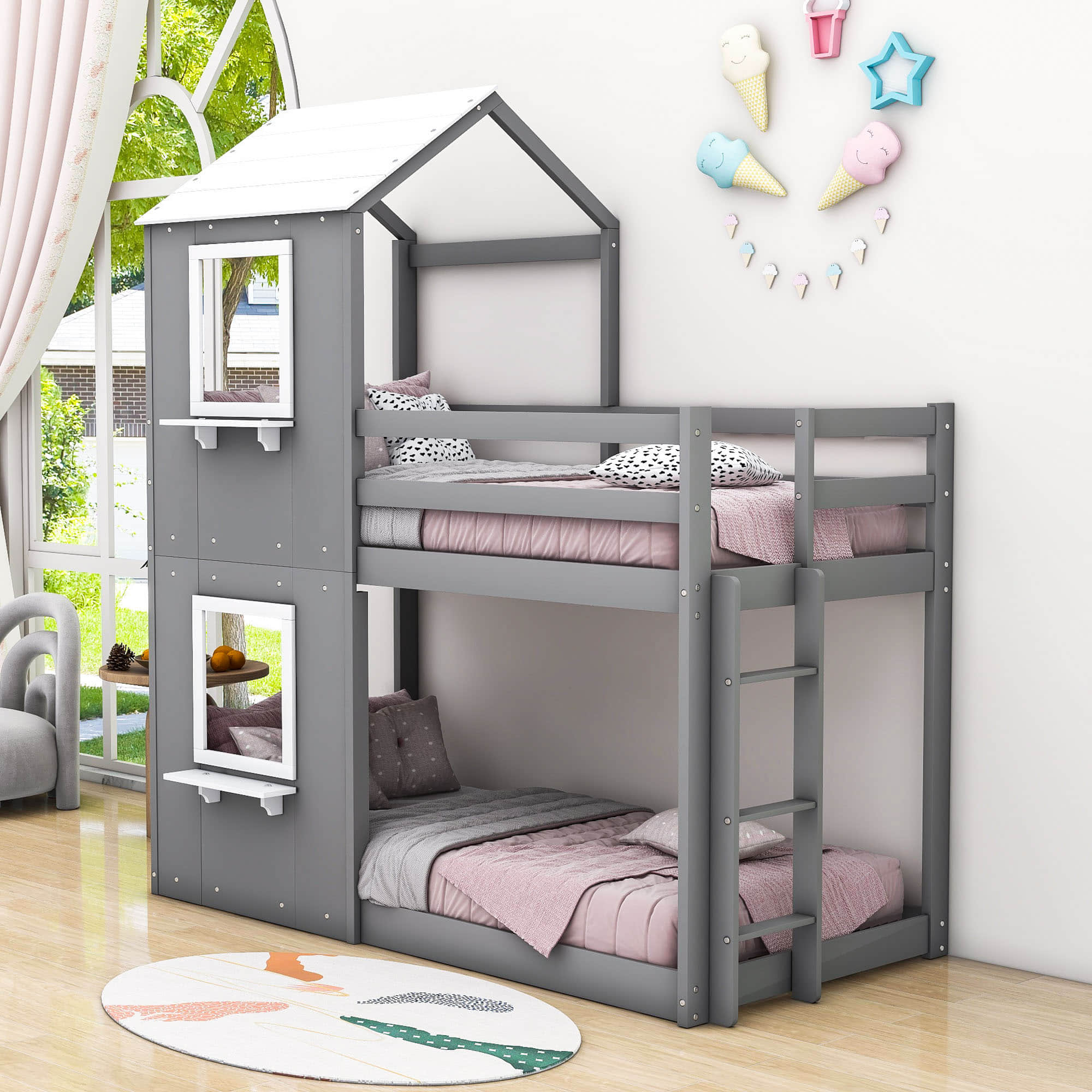 Wooden Twin Over Twin Low Bunk Beds for Kids with Fun Roof and Window