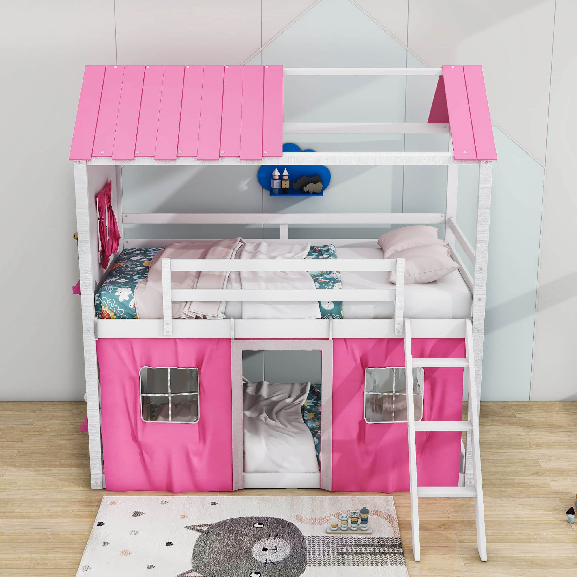 Low Twin Over Twin House Loft Bunk Beds for Kids with Curtains - [Floor]