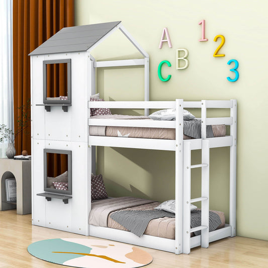 Wooden Twin Over Twin Low Bunk Beds for Kids with Fun Roof and Window