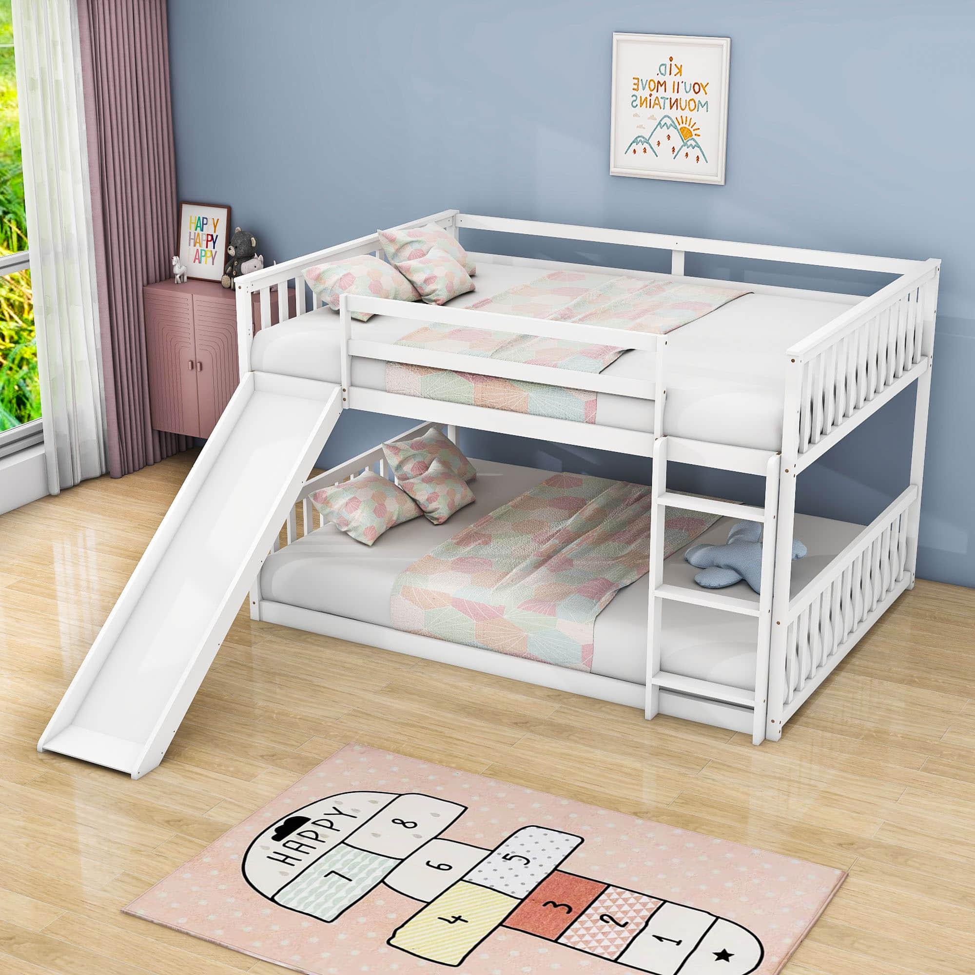 Low Full Over Full Bunk Beds with Slide for Kids Toddler - [Wood, Floor]