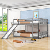 Low Full Over Full Bunk Beds with Slide for Kids Toddler - [Wood, Floor]