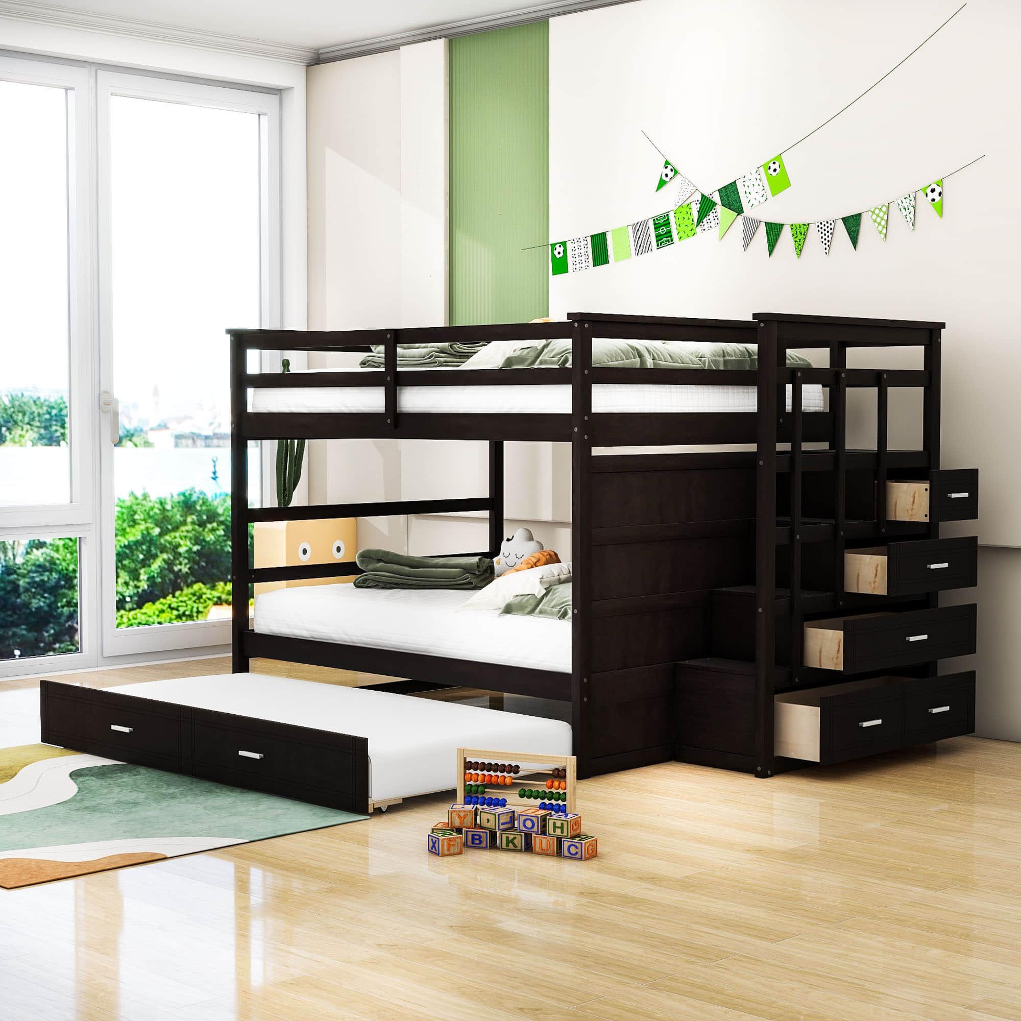 Full Size Bunk Beds with Stairs and Trundle, Storage for Kids, Adults