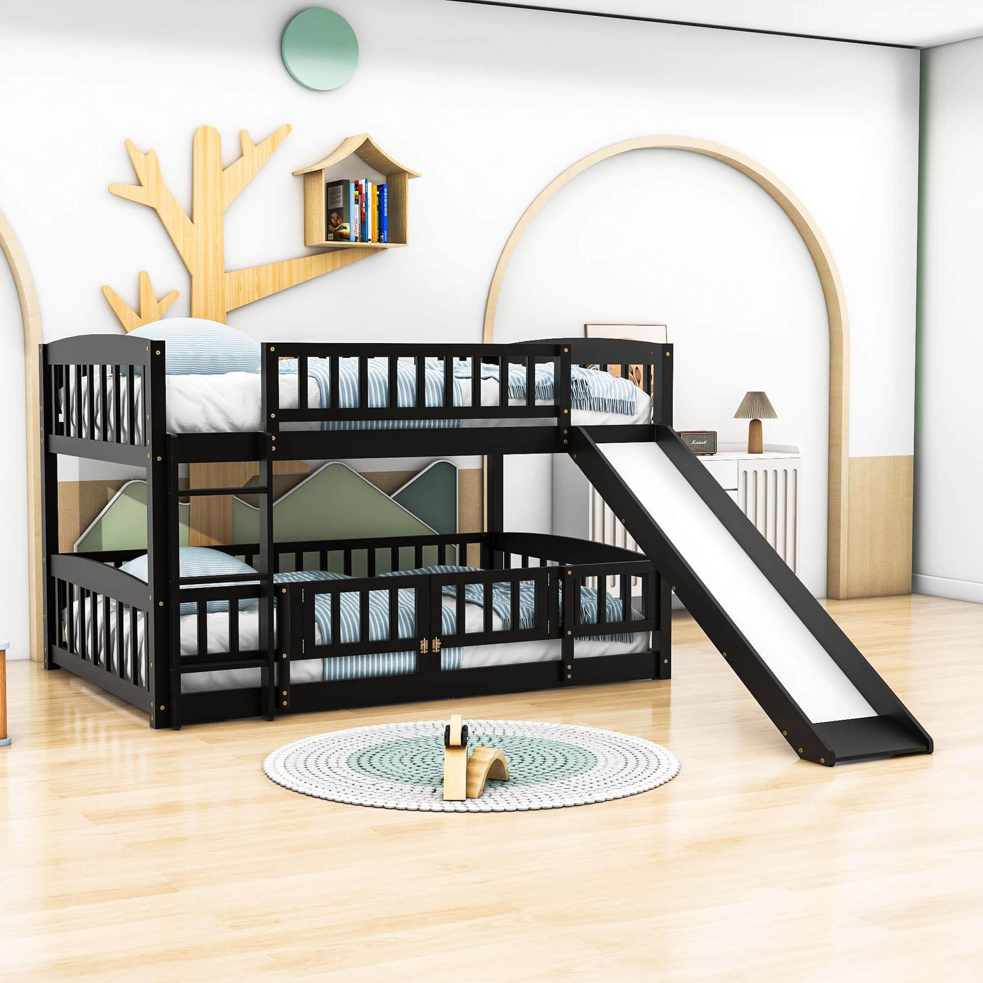 Full Over Full Low Bunk Beds with Slide and Fence - [Interchangeable Ladder, Floor]