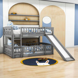 Full Over Full Low Bunk Beds with Slide and Fence - [Interchangeable Ladder, Floor]