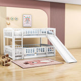 Full Over Full Low Bunk Beds with Slide and Fence - [Interchangeable Ladder, Floor]