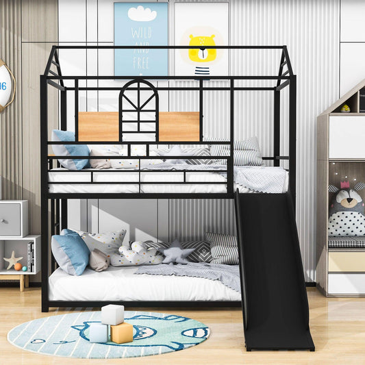 Low House Twin Over Twin Bunk Beds with Slide for Kids Toddler - [Metal]