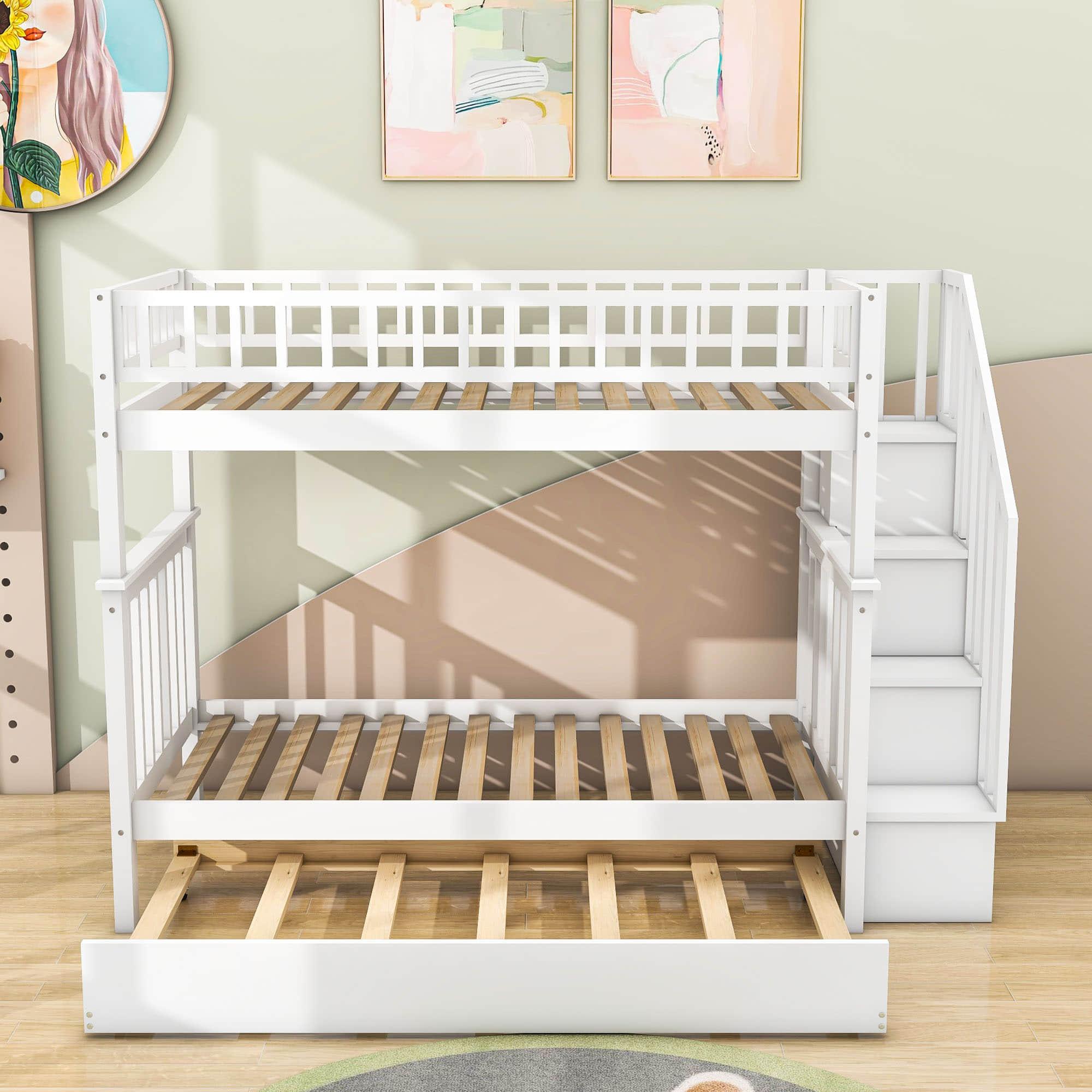 Convertible Twin Over Twin Bunk Bed with Stairs and Storage, Trundle