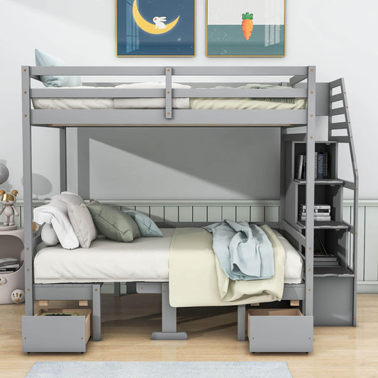 Convertible Full Over Full Bunk Beds with Stairs and Storage - [Wooden]