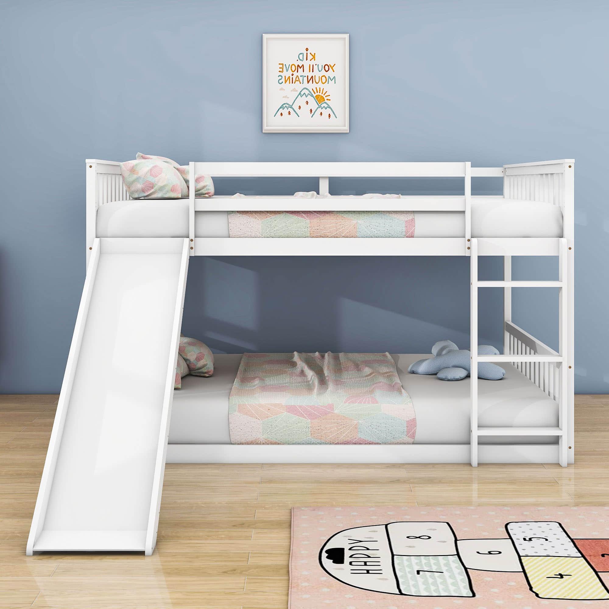 Low Full Over Full Bunk Beds with Slide for Kids Toddler - [Wood, Floor]