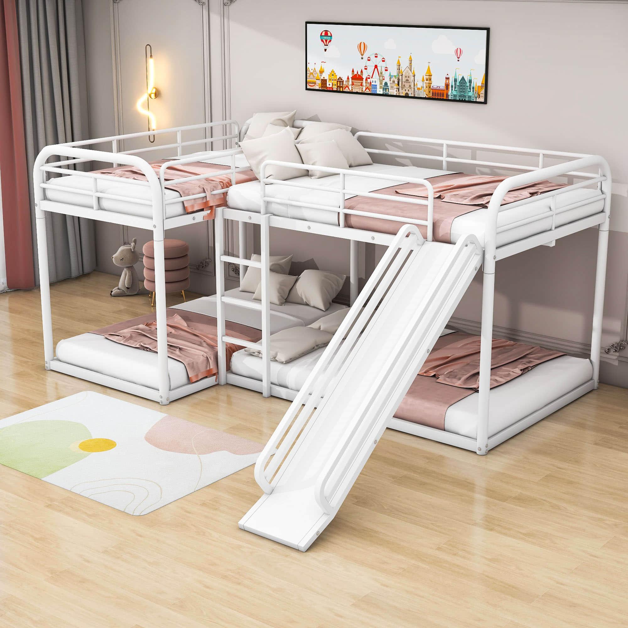 Metal Full & Twin Quad Bunk Beds with Slide for Kids, Toddler - [L-Shaped]