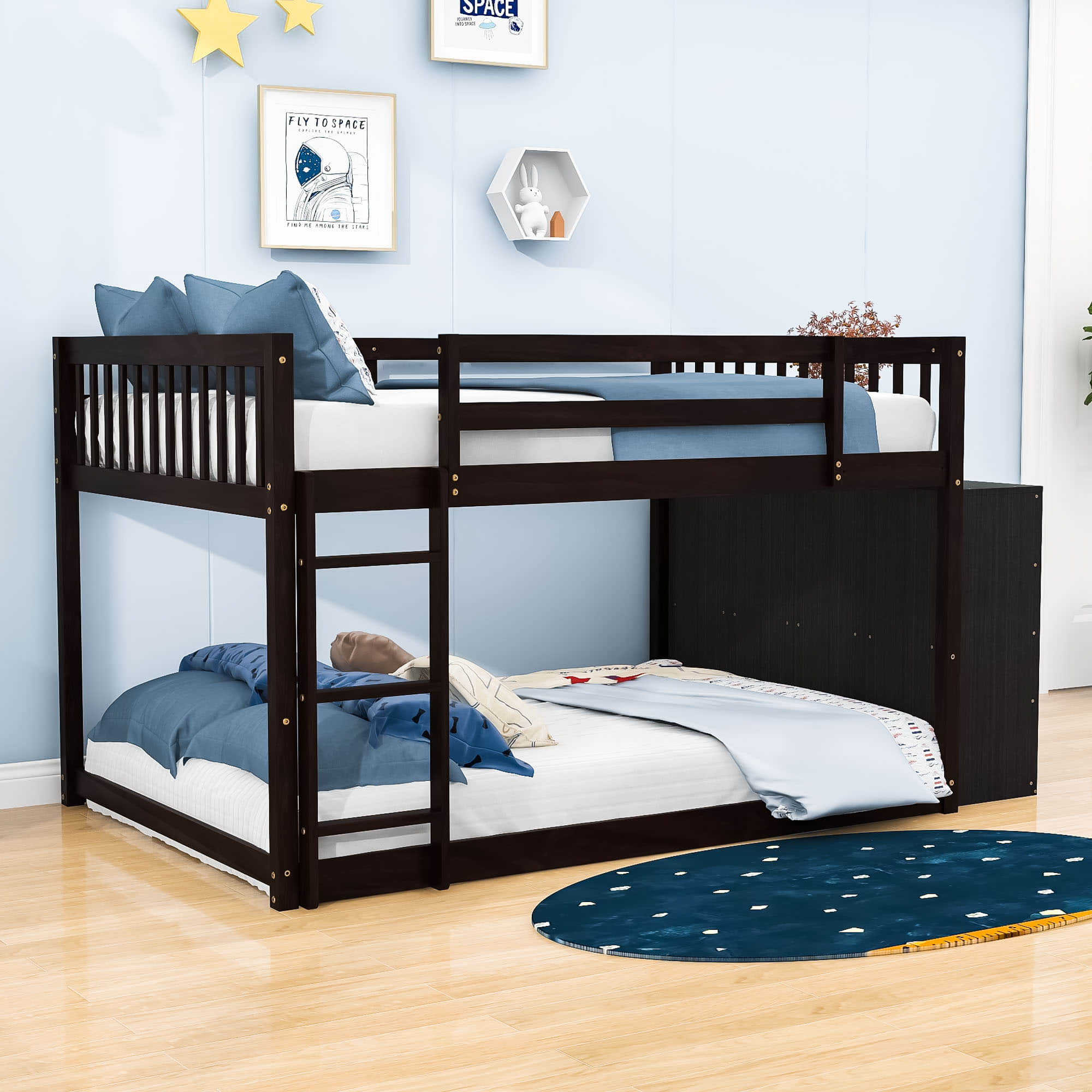 Low Full Over Full Bunk Beds for Kids, Toddlers with Storage - [Wood]