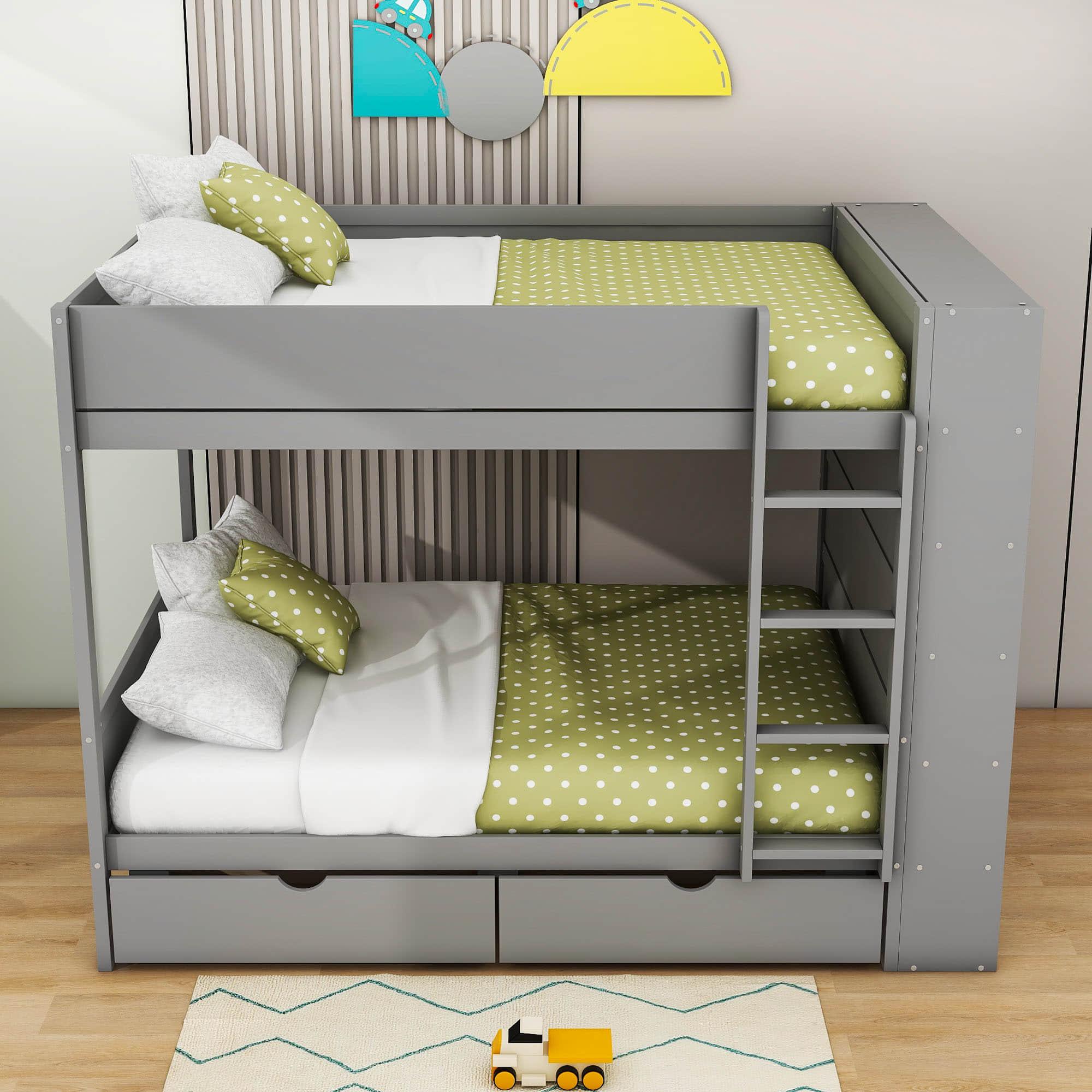 Wooden Full Over Full Bunk Beds with Storage Drawers, Shelves