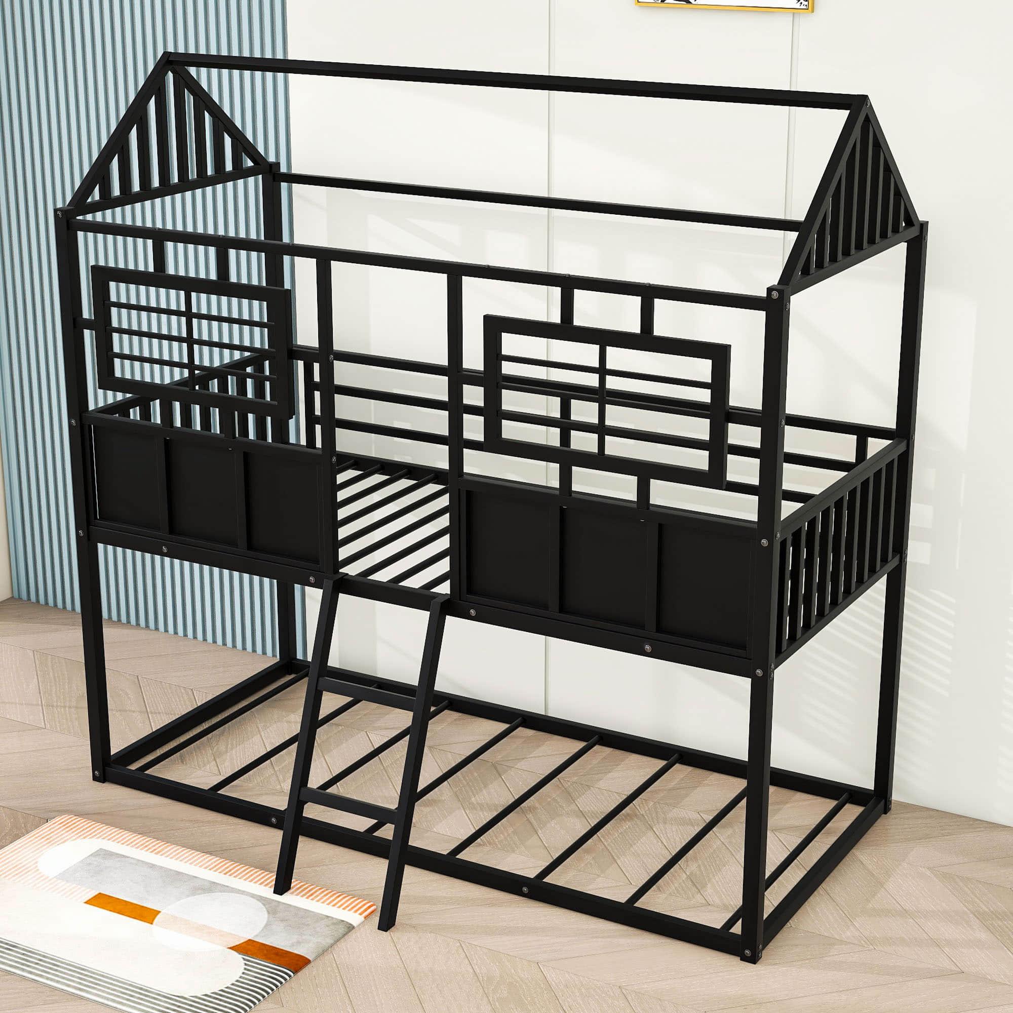 Twin Over Twin Low House Bunk Beds for Kids, Toddler - [Metal, Floor, Black]