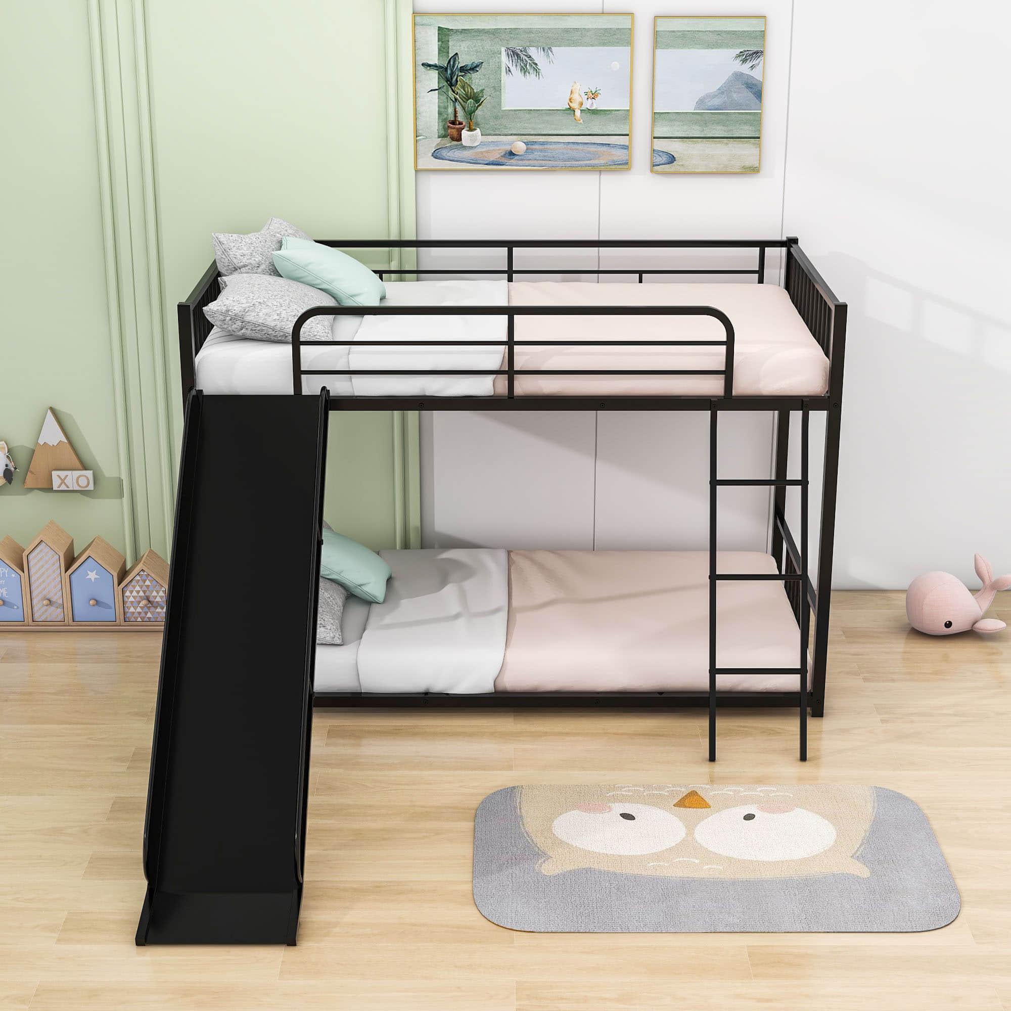 Low Twin Over Twin Bunk Beds with Slide for Kids, Toddler - [Metal]