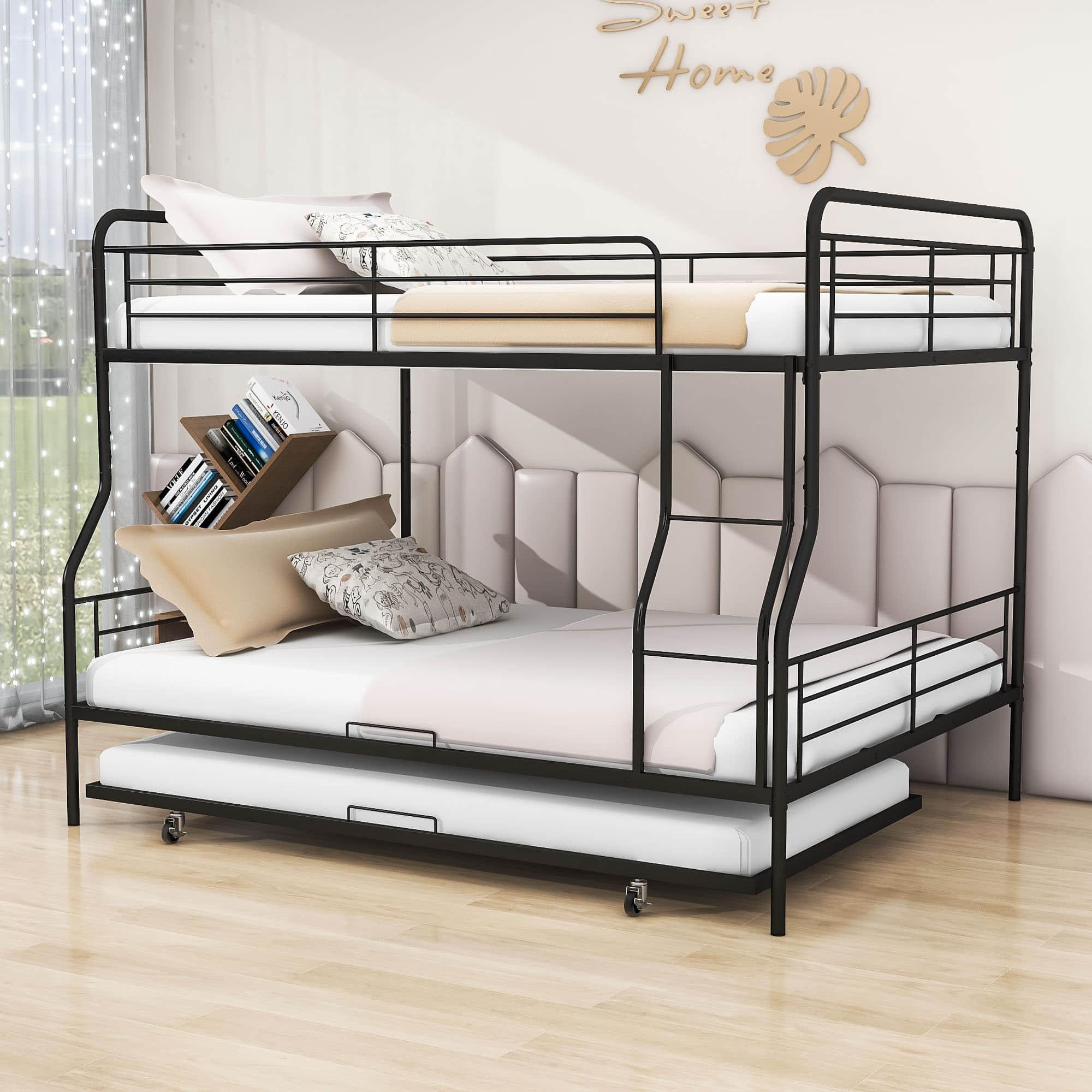 Convertible Full XL Over Queen Metal Bunk Beds with Trundle